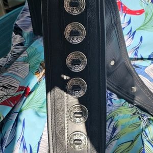 Black Leather Guitar Strap with faux silver conchos